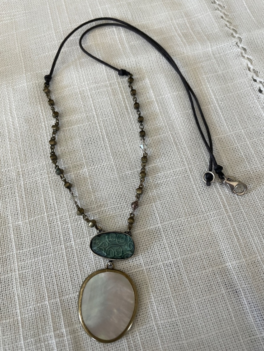 SILPADA sterling silver, brass, glass, leather neklace.